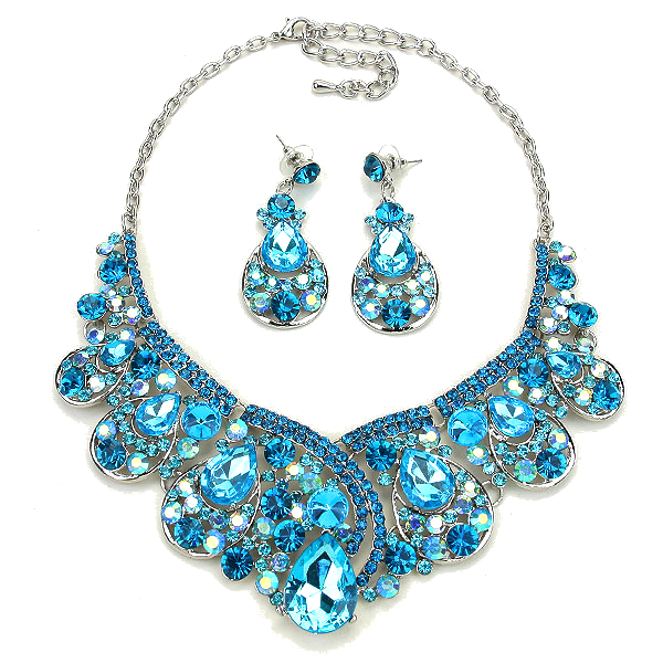 Icy Blue Droplets Crystal Embellished Statement Necklace Set